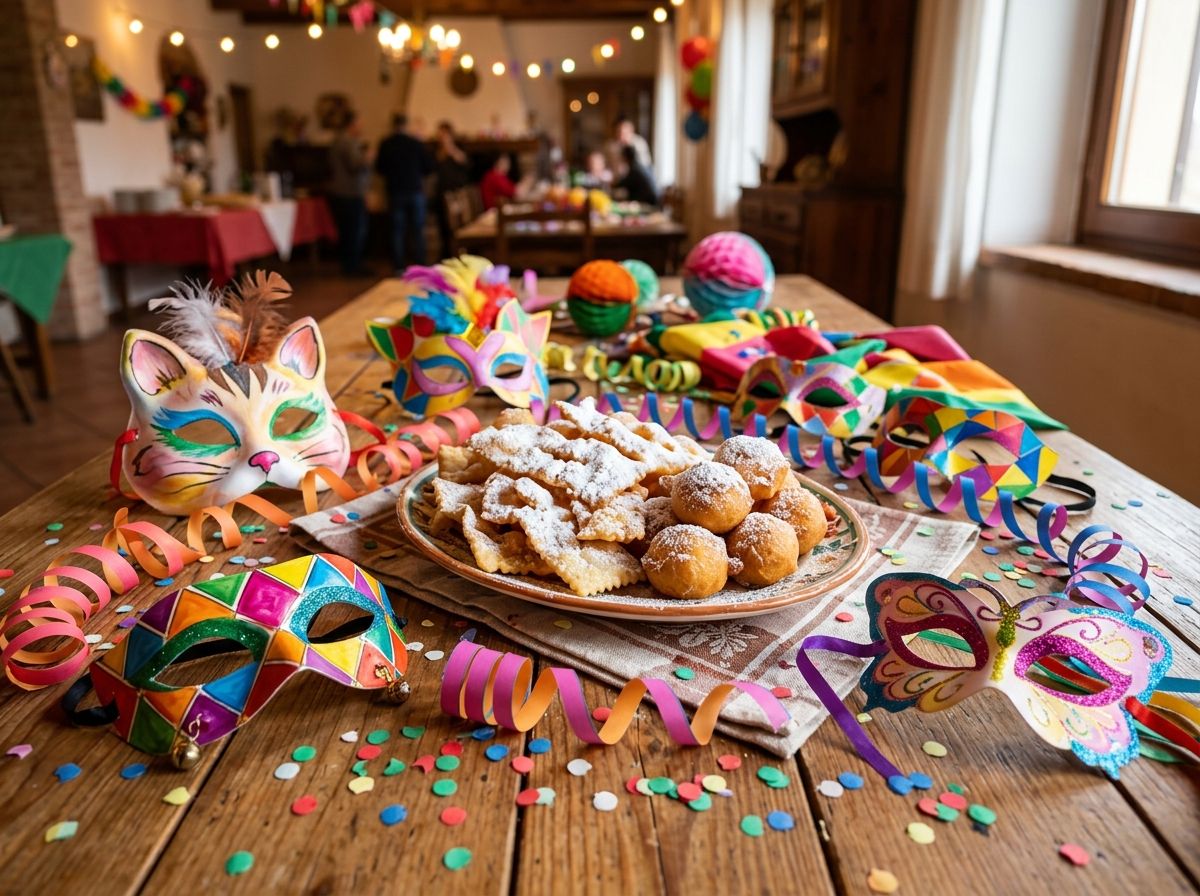 Un tavolo di legno con maschere colorate, stelle filanti, coriandoli e un vassoio di chiacchiere e frittelle