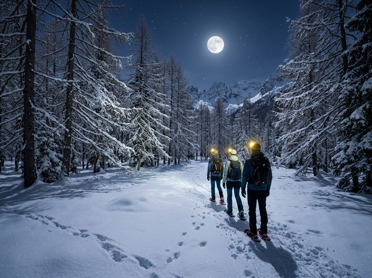 Tre persone con le lampade frontali, di spalle, camminano con le ciaspole in un bosco innevato sotto la luna piena