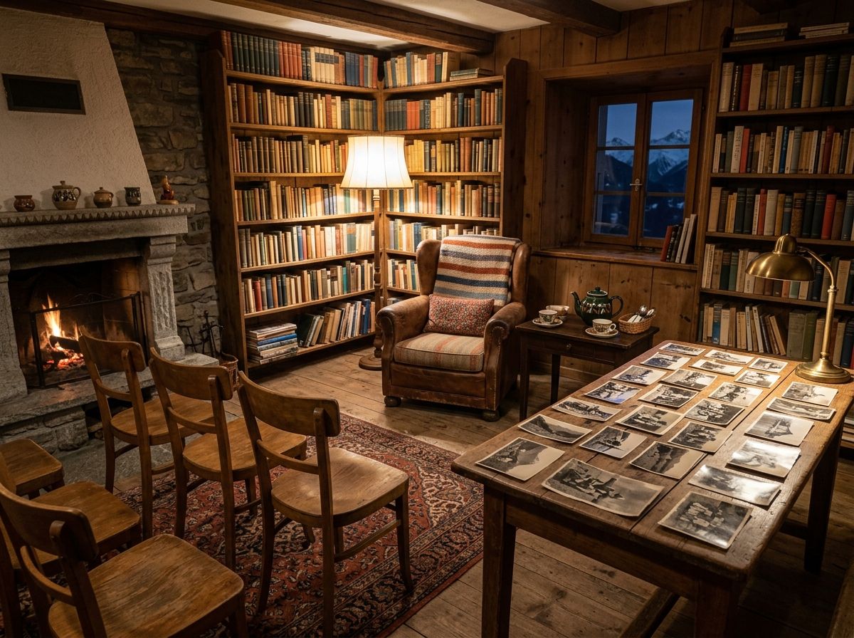 Una saletta di biblioteca la sera, con scaffali di libri, il camino acceso, sedie in fila davanti a una poltrona e un tavolo coperto di vecchie foto in bianco e nero